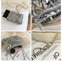 Imagem do Lantejoula prata strass borla sacos de ombro para mulheres, bolsa pequena cadeia, embreagem elegante senhoras festa noite, moda luxo design