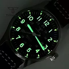 Relógios piloto de mergulho automático Tandorio para homens, vidro safira, mostrador luminoso verde, pulseira de couro, coroa de parafuso, NH35A, 20Bar, 39mm