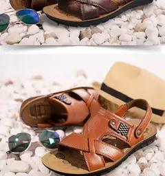 Imagem do Sandálias masculinas de couro tamanho grande, sapatos clássicos de verão, chinelos romanos macios, calçado confortável para caminhadas ao ar livre