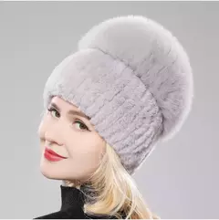 Imagem do Real Genuine Fox Fur Gorros Chapéu para Mulheres, Pele de Coelho Rex Natural Boné de Caveira, Chapéus de malha para meninas, inverno, estilo russo, novo