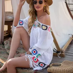 CROCHET BIKINI-Cobertura de biquíni branco com franjas para mulheres, túnica oca sexy, vestido de praia, roupa de banho de verão, praia - loja online