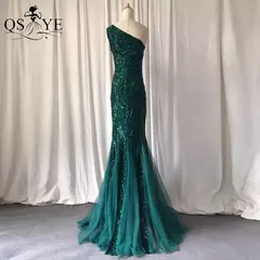 Vestidos de lantejoulas de um ombro, vestido longo do baile da sereia, elegante