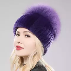 Imagem do Real Genuine Fox Fur Gorros Chapéu para Mulheres, Pele de Coelho Rex Natural Boné de Caveira, Chapéus de malha para meninas, inverno, estilo russo, novo