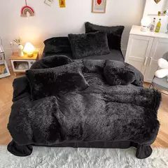 Conjunto de cama luxuoso preto macio, capa de edredão Shaggy, 2 fronhas, zíper, veludo macio, 3pcs - loja online