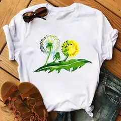 Maycaur-camiseta estampada dente-de-leão fofa para mulheres, camiseta estampada gráfica dos desenhos animados, camisa branca casual para senhoras, camiseta nova e engraçada