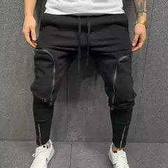 Calça cargo multi-zíperes masculina, calça com bolsos de cordão, calça harém, streetwear casual, estilo hip-hop, monocromática, moda - loja online