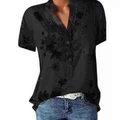 Imagem do Camisa feminina de manga curta com decote em v, blusa elegante, estampada, tamanho grande, moda casual