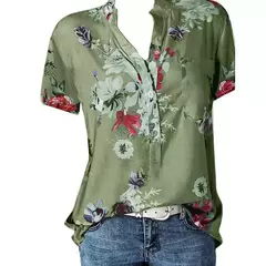 Camisa feminina de manga curta com decote em v, blusa elegante, estampada, tamanho grande, moda casual