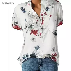 Camisa feminina de manga curta com decote em v, blusa elegante, estampada, tamanho grande, moda casual - Wolf Magazine