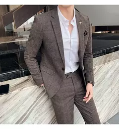 (Blazer + calças) high-end marca formal negócios xadrez terno dos homens noivo vestido de casamento cor sólida palco desempenho smoking S-7XL - Wolf Magazine