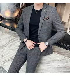 Imagem do (Blazer + calças) high-end marca formal negócios xadrez terno dos homens noivo vestido de casamento cor sólida palco desempenho smoking S-7XL