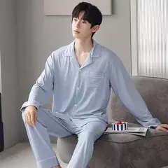 Conjunto de pijama de algodão modal manga comprida masculino, pijamas finos, adolescentes, outwear primavera, pano doméstico, terno masculino, outono, primavera na internet