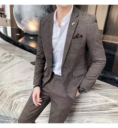 (Blazer + calças) high-end marca formal negócios xadrez terno dos homens noivo vestido de casamento cor sólida palco desempenho smoking S-7XL na internet