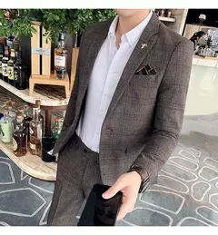 (Blazer + calças) high-end marca formal negócios xadrez terno dos homens noivo vestido de casamento cor sólida palco desempenho smoking S-7XL na internet