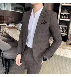 Imagem do (Blazer + calças) high-end marca formal negócios xadrez terno dos homens noivo vestido de casamento cor sólida palco desempenho smoking S-7XL