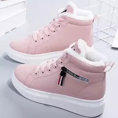 Botas de pelúcia quente PU para mulheres, sapatos de inverno, apartamentos, rendas, botas de neve curtas, senhoras, 2022