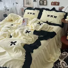 Conjunto de cama estilo princesa coreano para meninas, capa de edredão kawaii, arco preto, lençol macio para a pele, saia de cama, fronhas - loja online