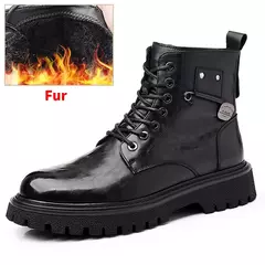 Botas de couro de vaca genuínas para homens Lace Up Outdoor Motorcycle Boots Vintage Snow Business Boots Designer de alta qualidade - Wolf Magazine