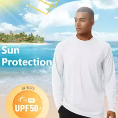 Camiseta com protetor solar UV masculina, manga comprida, gola redonda, caminhada ao ar livre, pesca, tops de secagem rápida, cor sólida, UPF50 +