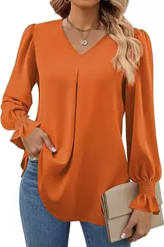 Imagem do Nova camisa feminina de chiffon de cor sólida com decote em v pulôver queimado manga comprida camisa superior senhora do escritório elegante cáqui blusas soltas