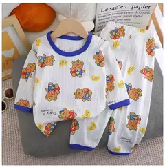 Imagem do Pijama de algodão puro para meninos e meninas, camiseta fina de manga comprida, tops e calças lindos desenhos animados, conjuntos de roupas infantis, verão, novo, 2022