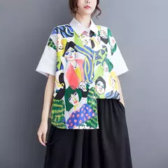 Imagem do Estilo coreano blusa de manga curta para as mulheres, camisa estampada preta, ajuste solto, casual, tamanho grande, verão, jxs097