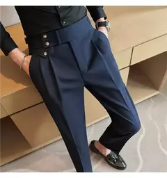 Imagem do Calça de cintura alta estilo britânico masculina, justa, calça formal de escritório, social, festa de casamento, fato de vestido, calça, casual