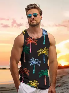 Tops soltos estilo havaiano masculino, colete de férias lazer, viagem ao ar livre, confortável, casual, estampa do sol