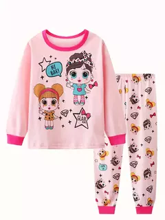 Desenhos animados unicórnio impressão algodão pijama conjuntos para meninas, gola casual, rosa, 2pcs - Wolf Magazine