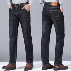 Calça jeans solta reta com elásticos, justa, elástica, calça casual, jeans, azul, preta, streetwear comercial para homens