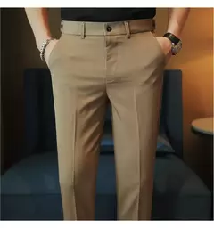 Imagem do Calça casual slim-fit masculina, fato formal, monocromático, cintura ajustável, festa social, moda empresarial, novo, outono, 2022, 38-28