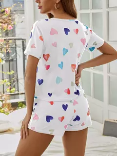 Pijamas de manga curta feminina, shorts estampados em coração, conjuntos de pijama feminino, lounge feminino, t plus size, 2 peças