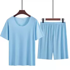 Verão pijamas masculinos terno fino gelo casa roupas traceless manga curta shorts em torno do pescoço casual roupas de verão - comprar online