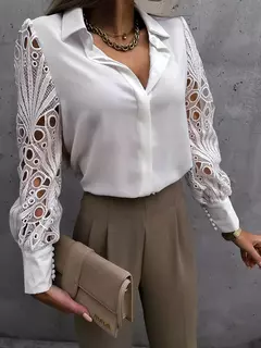 Elegante blusa sólida de chiffon feminina, camisa casual de manga comprida, camisa solta com decote V, túnicas de senhora do escritório, tops grandes, primavera, verão, 2024 - loja online