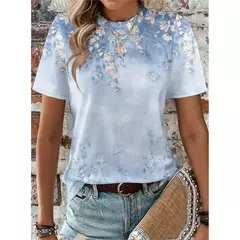 Camiseta colorida com padrão de borboleta feminina, camisetas estampadas com flores 3D, camiseta solta na moda, manga curta, tops redondos com pescoço, vívido