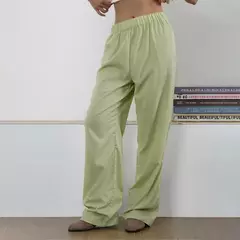 Calça comprida feminina com estampa listrada, cintura elástica com cordão de perna larga, calça casual de algodão reta, moda nova moda na internet