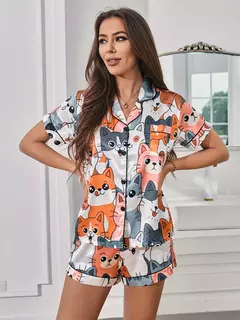 Conjunto de pijama cetim de gato e cachorrinho feminino, pijamas de manga curta, lapela, shorts elásticos, botões fofos - Wolf Magazine