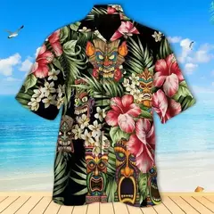 Imagem do Camisas Tiki de mangas curtas masculinas, estampa 3D, tendência legal da moda, tops havaianos para festas na praia, tops soltos e respiráveis, 2024