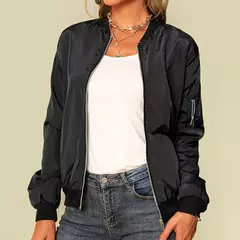 Imagem do Jaqueta bomber fina feminina, manga comprida, casaco fino, corta-vento casual, gola alta, jaqueta com zíper, monocromática, moda outono