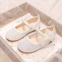 Mary Janes antiderrapante para meninas, arco lateral, pérolas, sapatos elegantes de princesa, sapatos chiques para crianças, festa, shows de casamento, moda infantil, 2024 - loja online