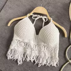 Camisola feminina Boho Crochet Knit Crop Top, Camisola de praia, Camisola de férias, Sutiã de crochê, Colete sem costas, Camisola de alças oca, Sexy