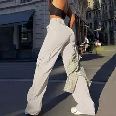 Calça de perna larga feminina, bolso com aba de rua, detalhes da fivela lateral, calças paraquedas hip hop, moda Y2K - comprar online