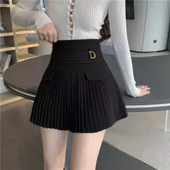 Imagem do Minissaia plissada de cintura alta feminina, estilo coreano, branca, casual, fina, Universidade, Metal, letra D, verão