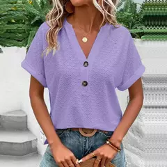 Blusa feminina com botão monocromático com decote em v, camisas soltas, manga curta, tops femininos grandes, blusa jacquard casual, verão, nova moda, 2023 - Wolf Magazine