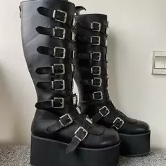 Cunhas plataforma de salto alto para mulheres, botas punk para senhoras, alça de fivela gótica, tubo longo, botas de couro feminino cosplay