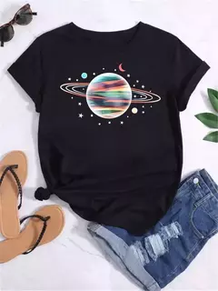 Imagem do Camiseta feminina casual de manga curta com gola redonda, streetwear feminina, tops vintage, camiseta Maycaur, estampada com planeta lunar, moda camisetas