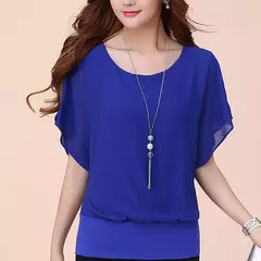 Blusa de chiffon para mulheres, cor sólida, gola redonda, pulôver solto, batwing sleeve, plissado, roupas casuais, verão - loja online