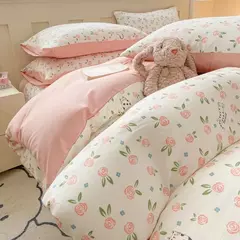 Imagem do Conjunto de cama infantil com 3 peças, colcha rosa, capa de edredão floral vegetal, padrão de gato, desenhos animados fofos, conjunto de cama para meninas, decoração do quarto