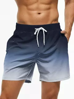 Calção de banho gradiente cor bloco cordão masculino, cintura elástica, 3D Print, streetwear curto respirável, calções de praia, verão