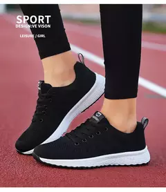 Imagem do Sapatilhas femininas com cordões em malha respirável, sapatos casuais, sapatos de caminhada, tênis plano, rosa, preto, branco